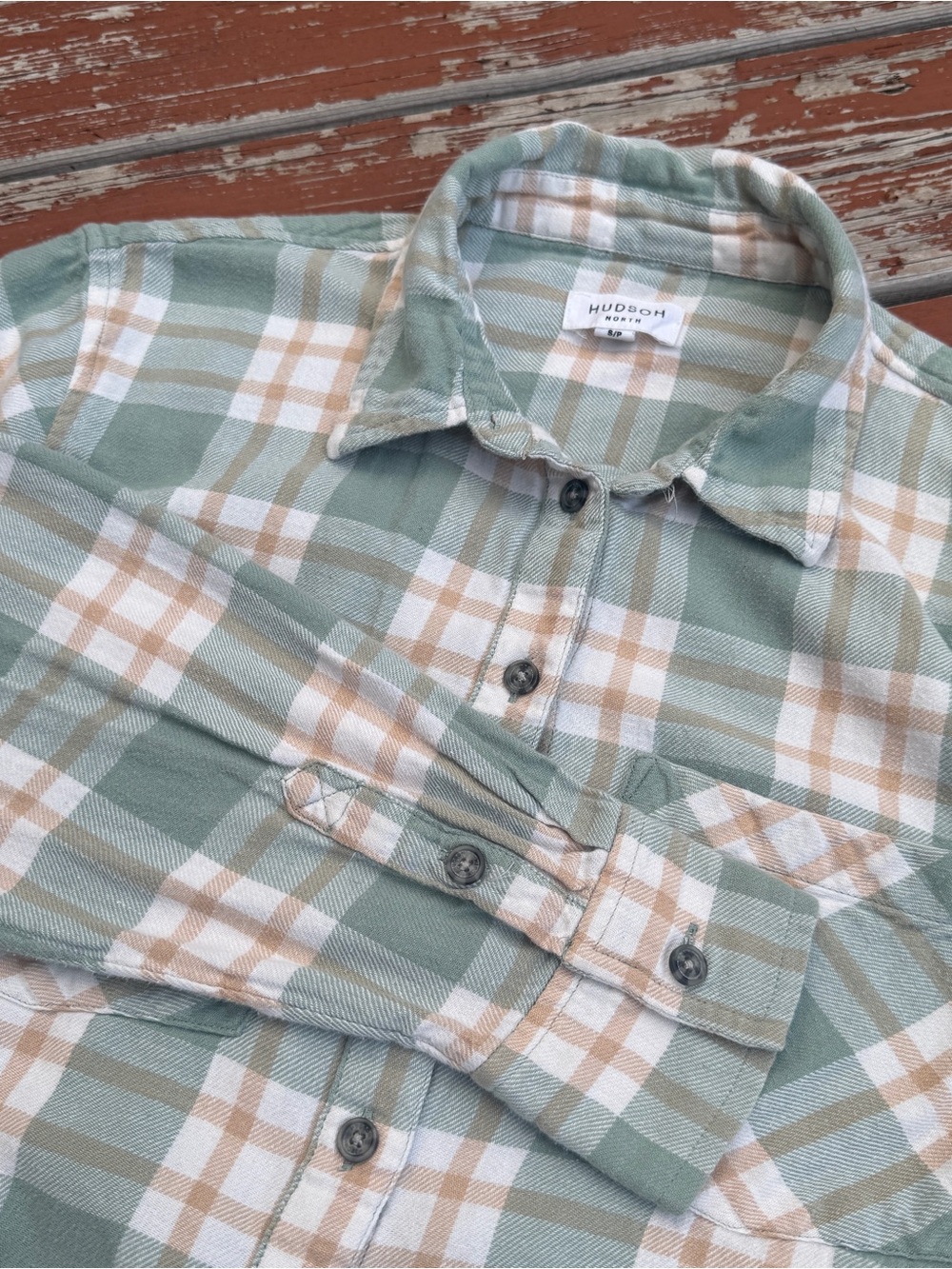 Hudson Jeans Sage Green and Cream Plaid Button-Down Shirt